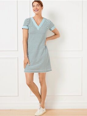 Talbots T Striped V‑Neck Tee Dress in Mint and Navy